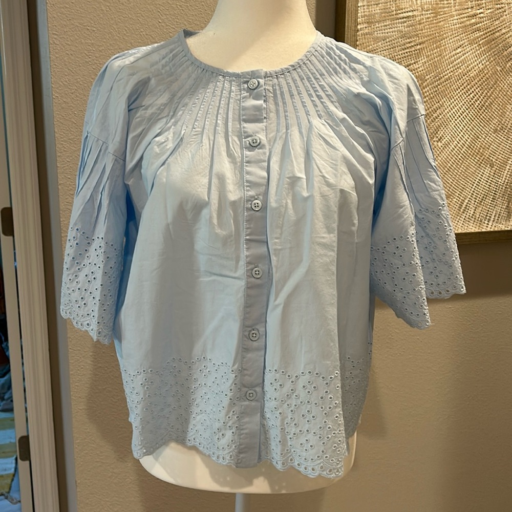 J.Crew light blue eyelit blouse, NWT, Size M